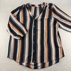 Maurices Womens Striped Button Up‎ 3/4 Sleeve V-Neck Blouse Top Career Casual